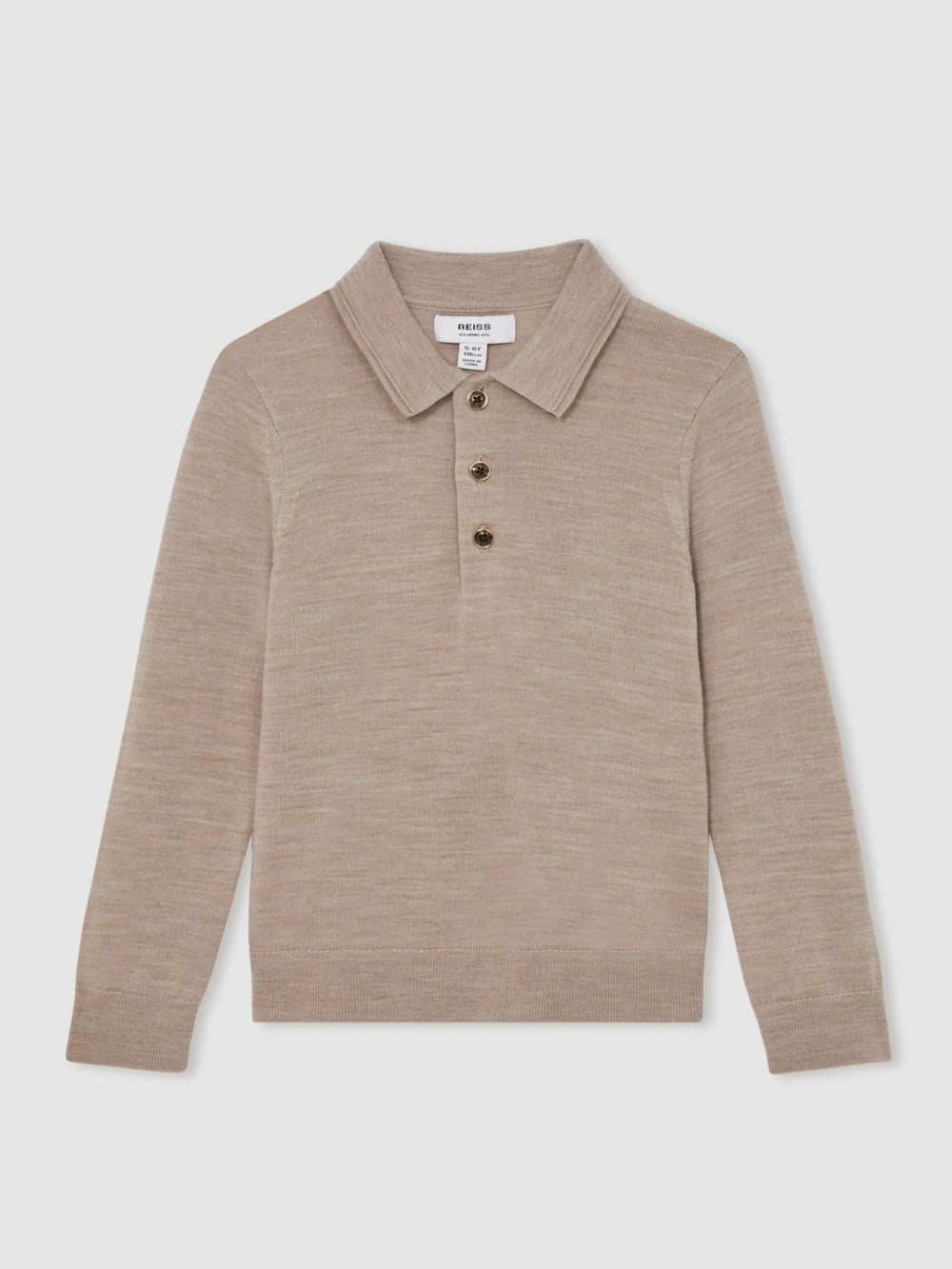 9-13 yrs Merino Wool Long-Sleeve Polo Shirt in Wheat Melange | Reiss For Sale