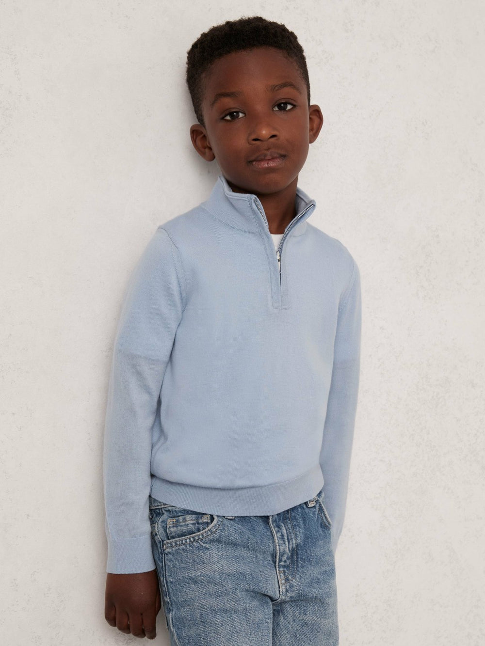 3-9 yrs Merino Wool Half-Zip Funnel Neck Jumper in Soft Blue Melange | Reiss For Sale