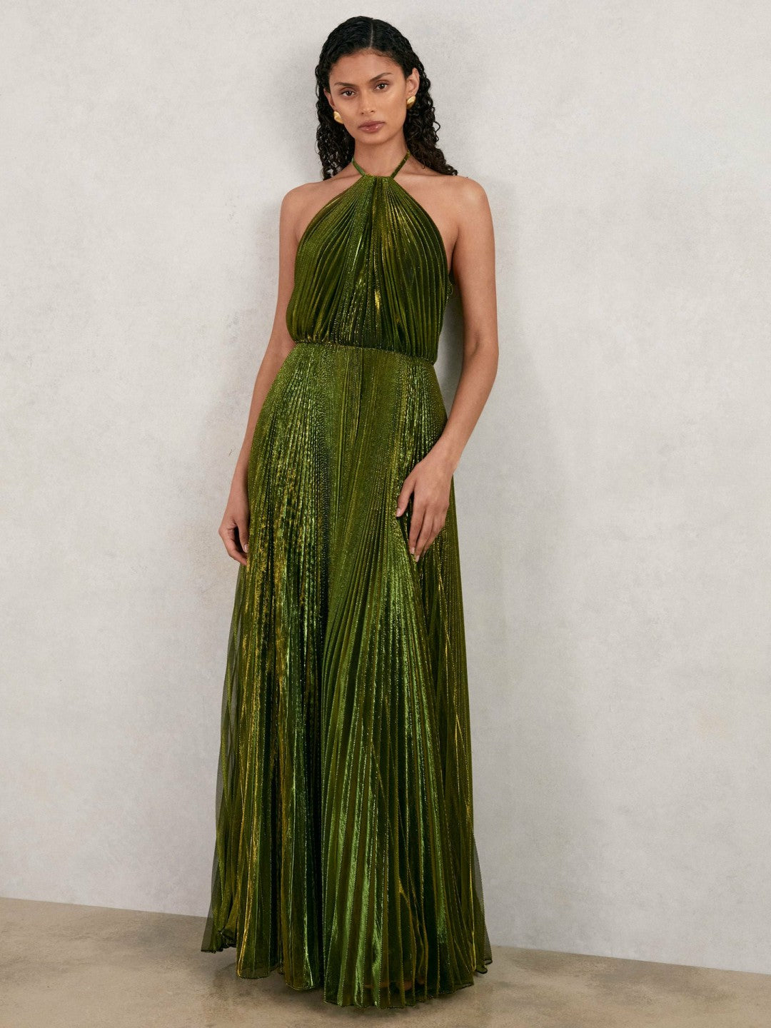 Halston Metallic Pleated Maxi Dress in Dark Olive Green | Reiss Sale