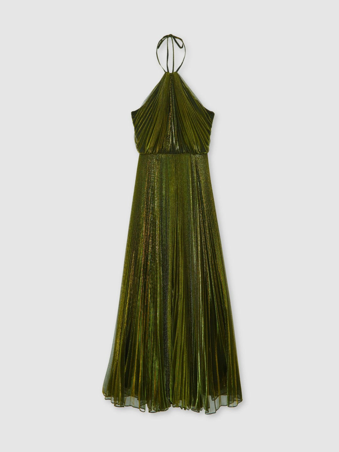 Halston Metallic Pleated Maxi Dress in Dark Olive Green | Reiss Sale