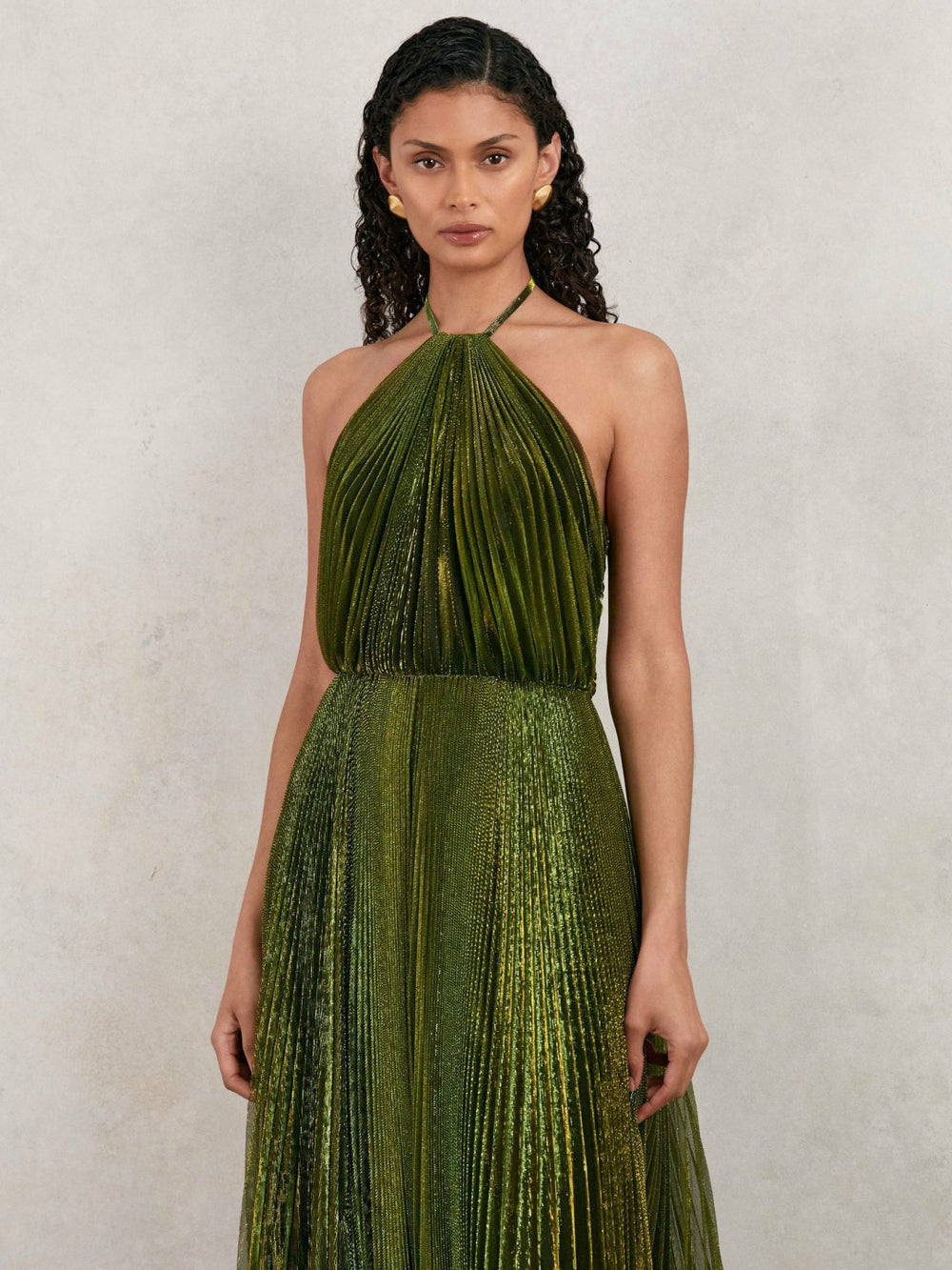 Halston Metallic Pleated Maxi Dress in Dark Olive Green | Reiss Sale