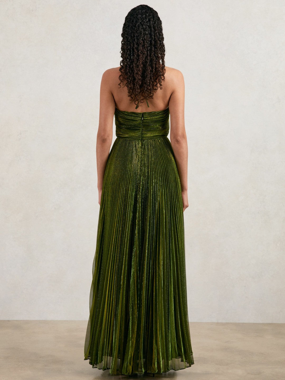 Halston Metallic Pleated Maxi Dress in Dark Olive Green | Reiss Sale