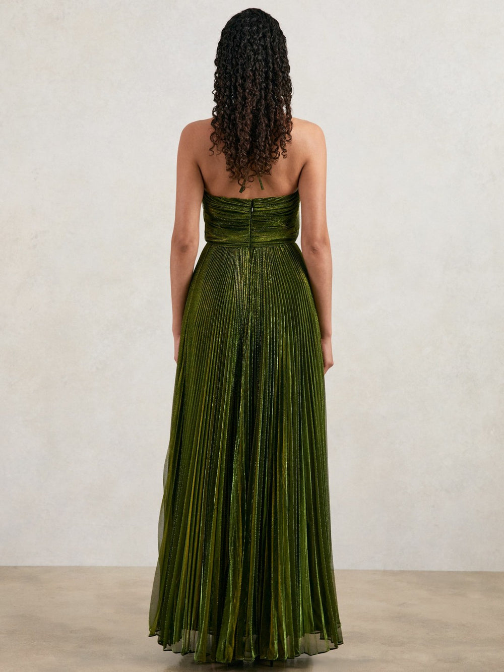 Halston Metallic Pleated Maxi Dress in Dark Olive Green | Reiss Sale