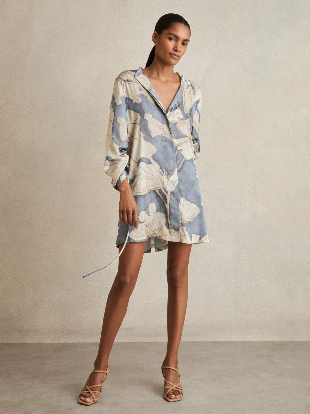 Floral Print Gathered Cut Out Shirt Dress in Blue | Reiss Sale