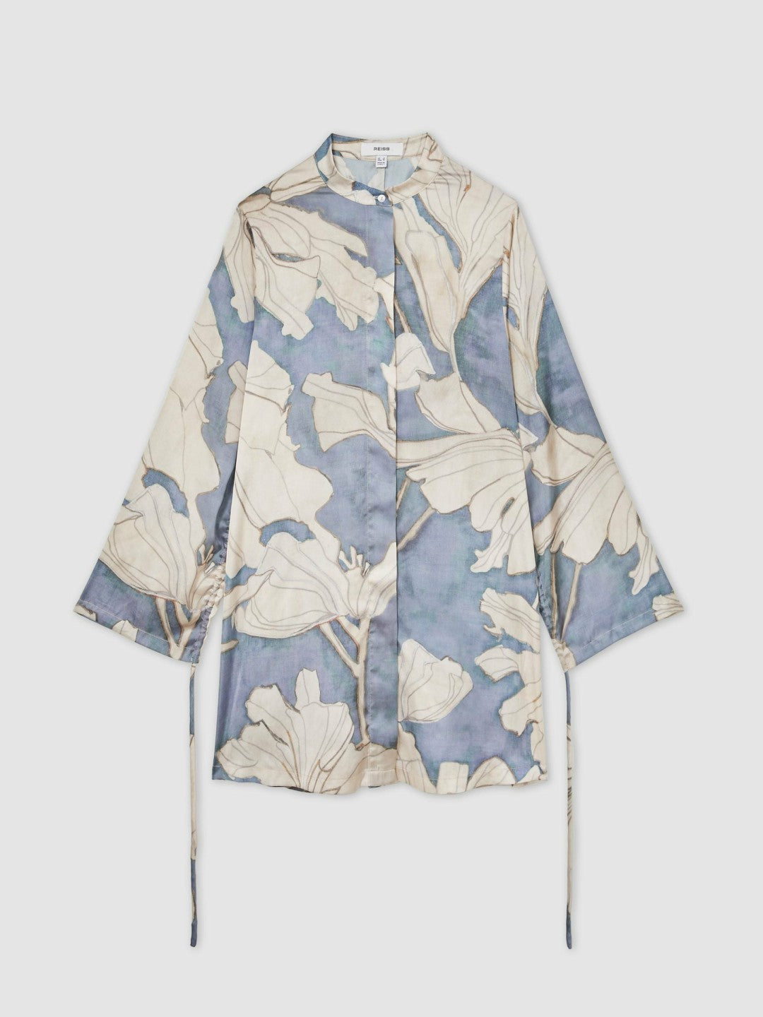 Floral Print Gathered Cut Out Shirt Dress in Blue | Reiss Sale