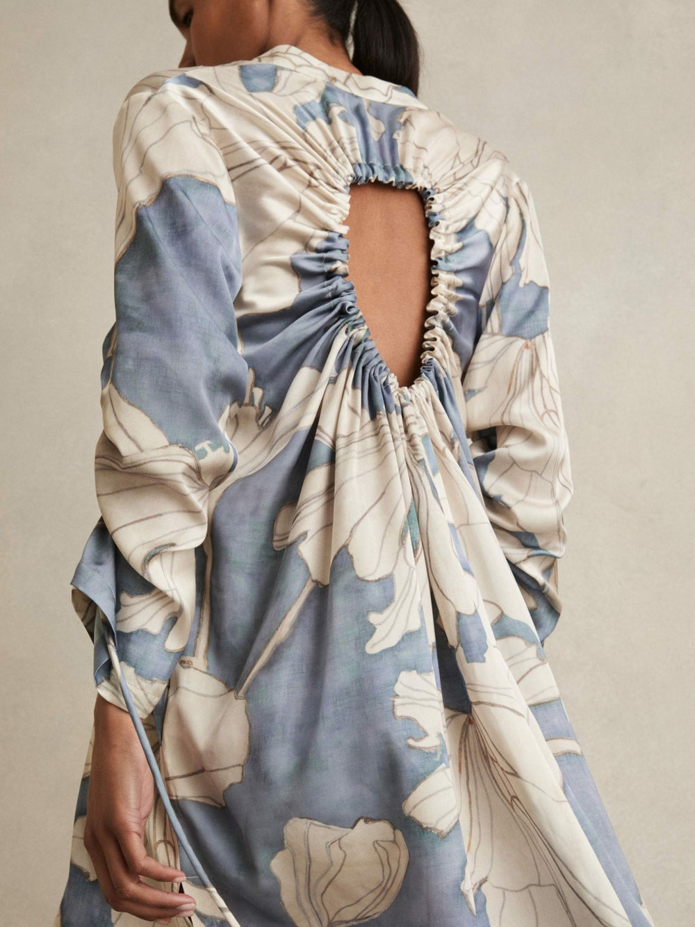 Floral Print Gathered Cut Out Shirt Dress in Blue | Reiss Sale