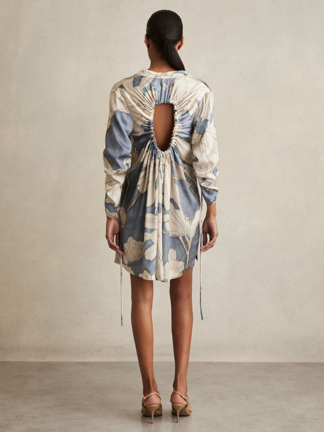 Floral Print Gathered Cut Out Shirt Dress in Blue | Reiss Sale