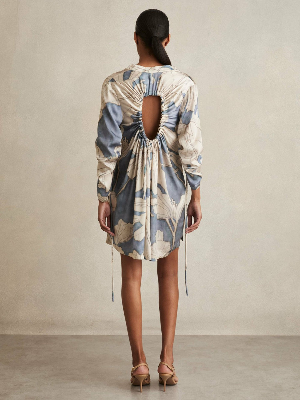 Floral Print Gathered Cut Out Shirt Dress in Blue | Reiss Sale