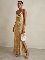 Satin Floral-Print Slip Maxi Dress in Gold | Reiss Discount