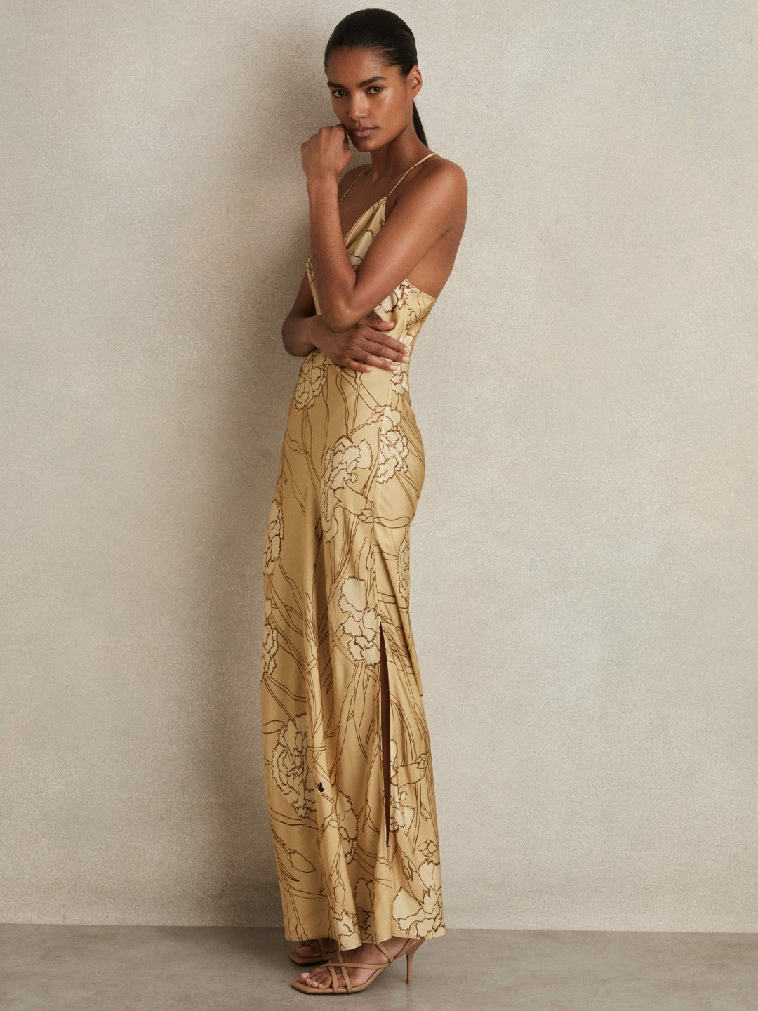Satin Floral-Print Slip Maxi Dress in Gold | Reiss Discount