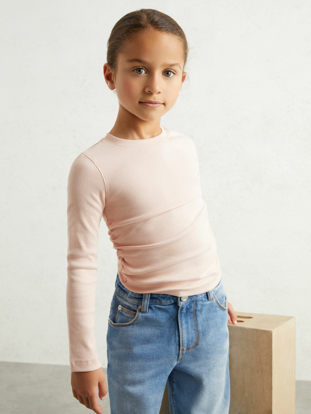 13-14 yrs Cotton Ruched Long-Sleeve T-Shirt with Stretch in Pale Pink | Reiss USA