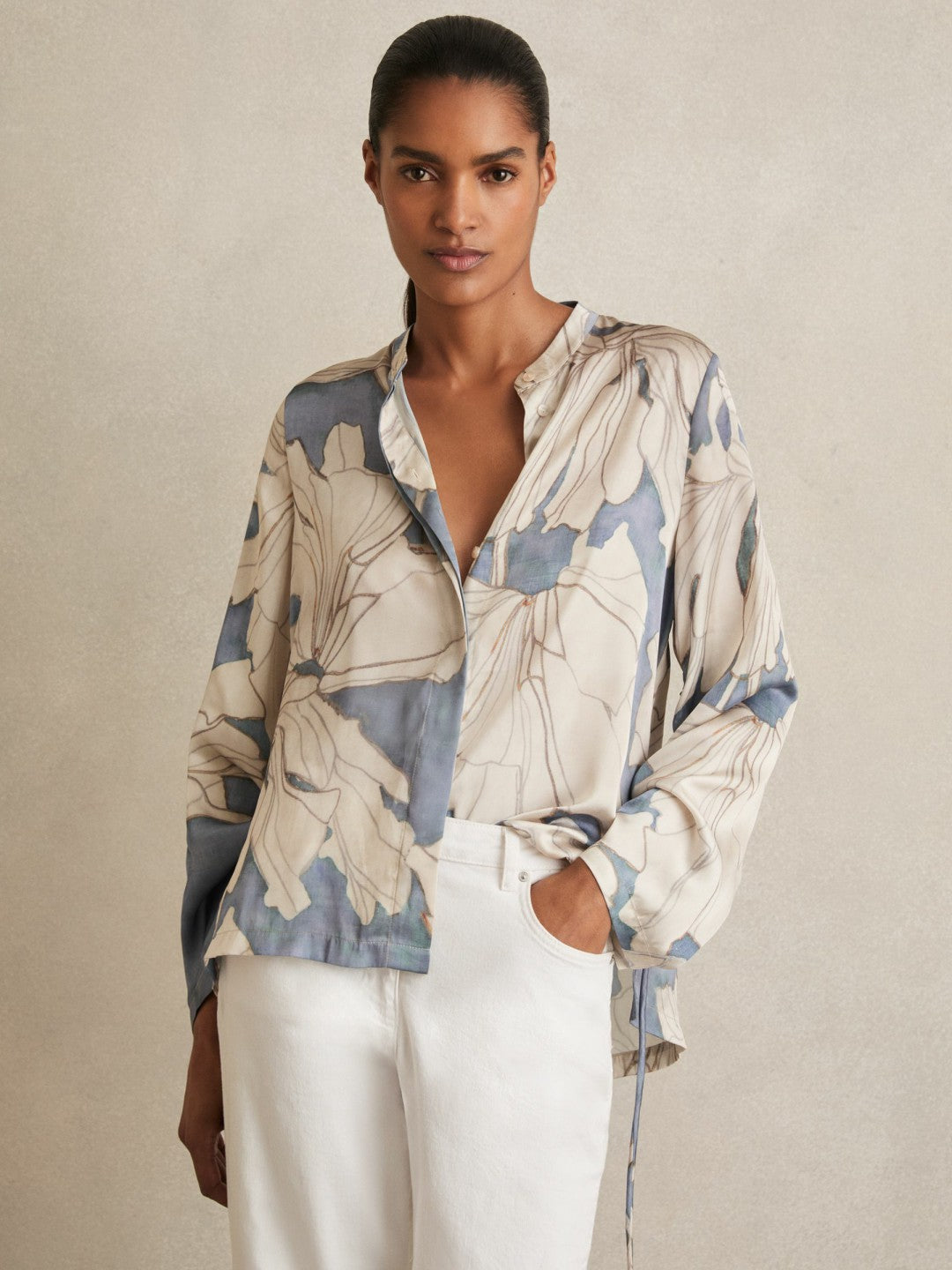 Floral Print Gathered Cut Out Shirt in Blue | Reiss Near Me