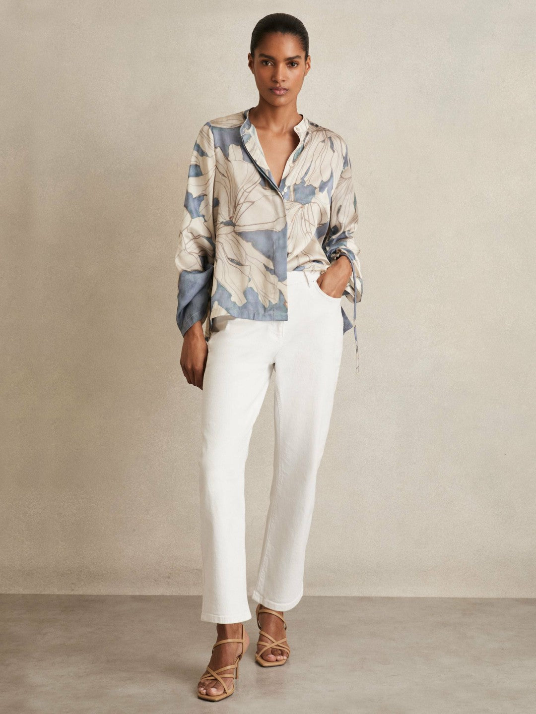 Floral Print Gathered Cut Out Shirt in Blue | Reiss Near Me
