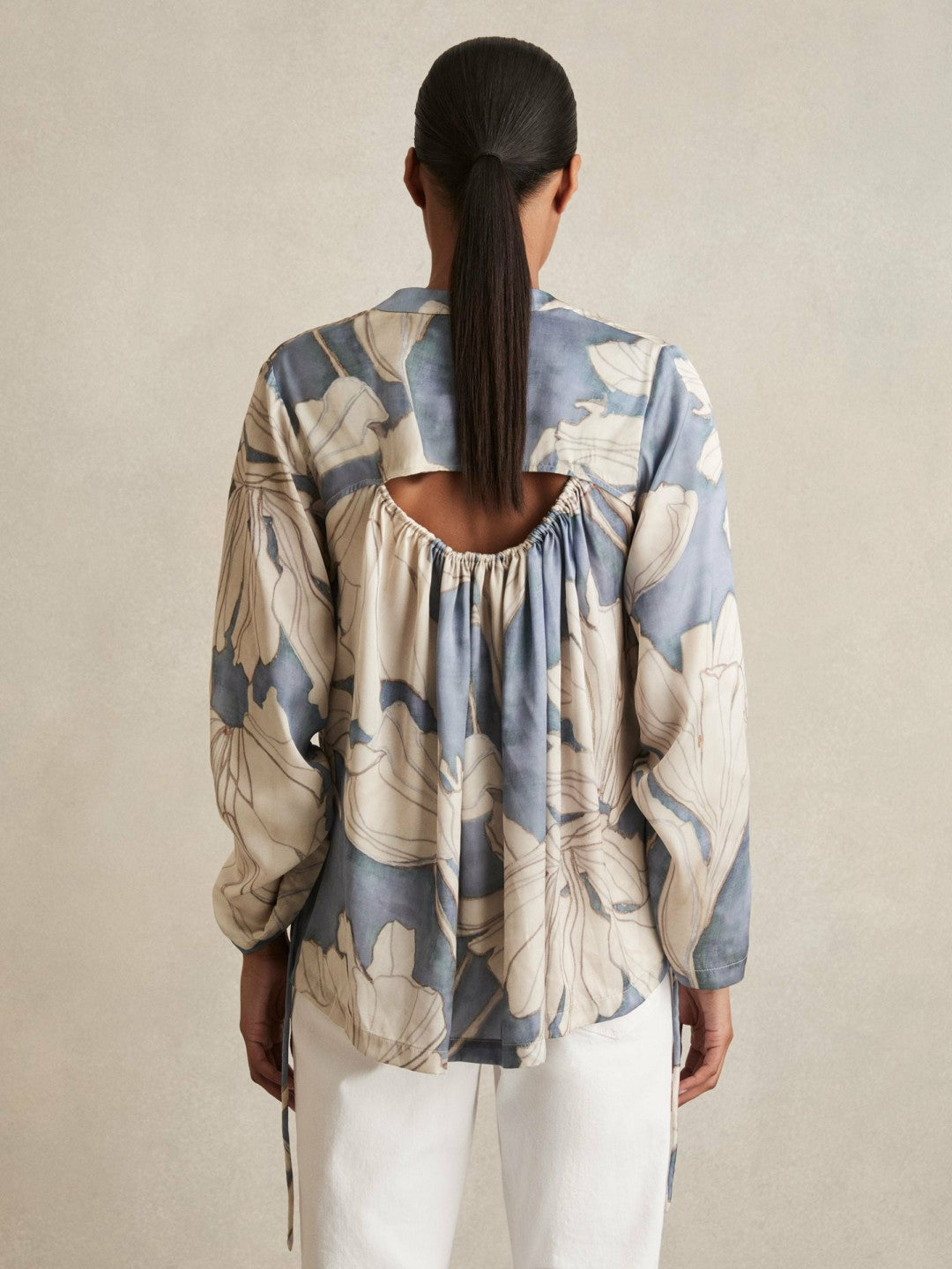 Floral Print Gathered Cut Out Shirt in Blue | Reiss Near Me