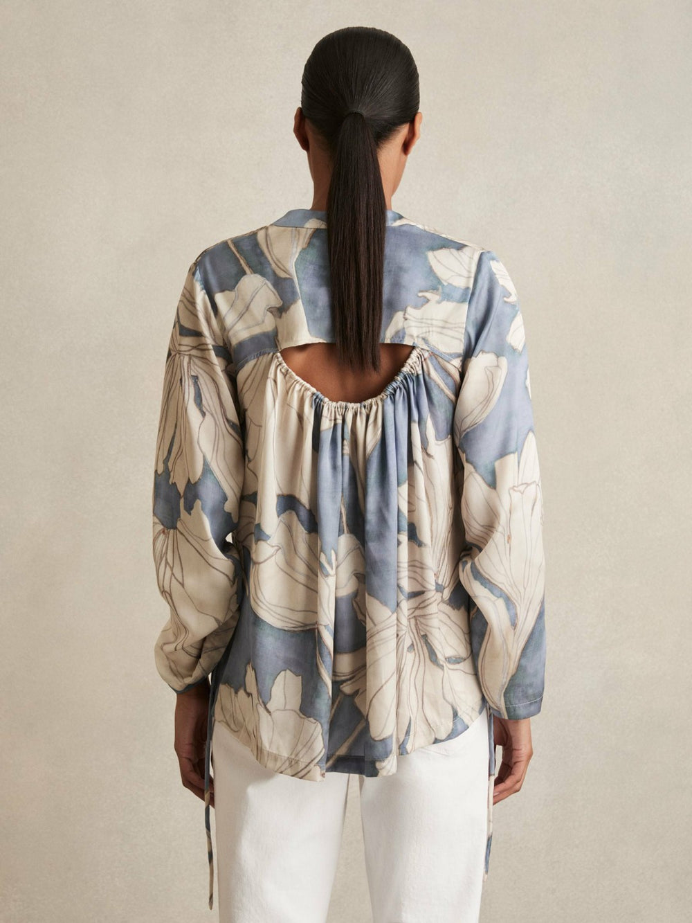 Floral Print Gathered Cut Out Shirt in Blue | Reiss Near Me