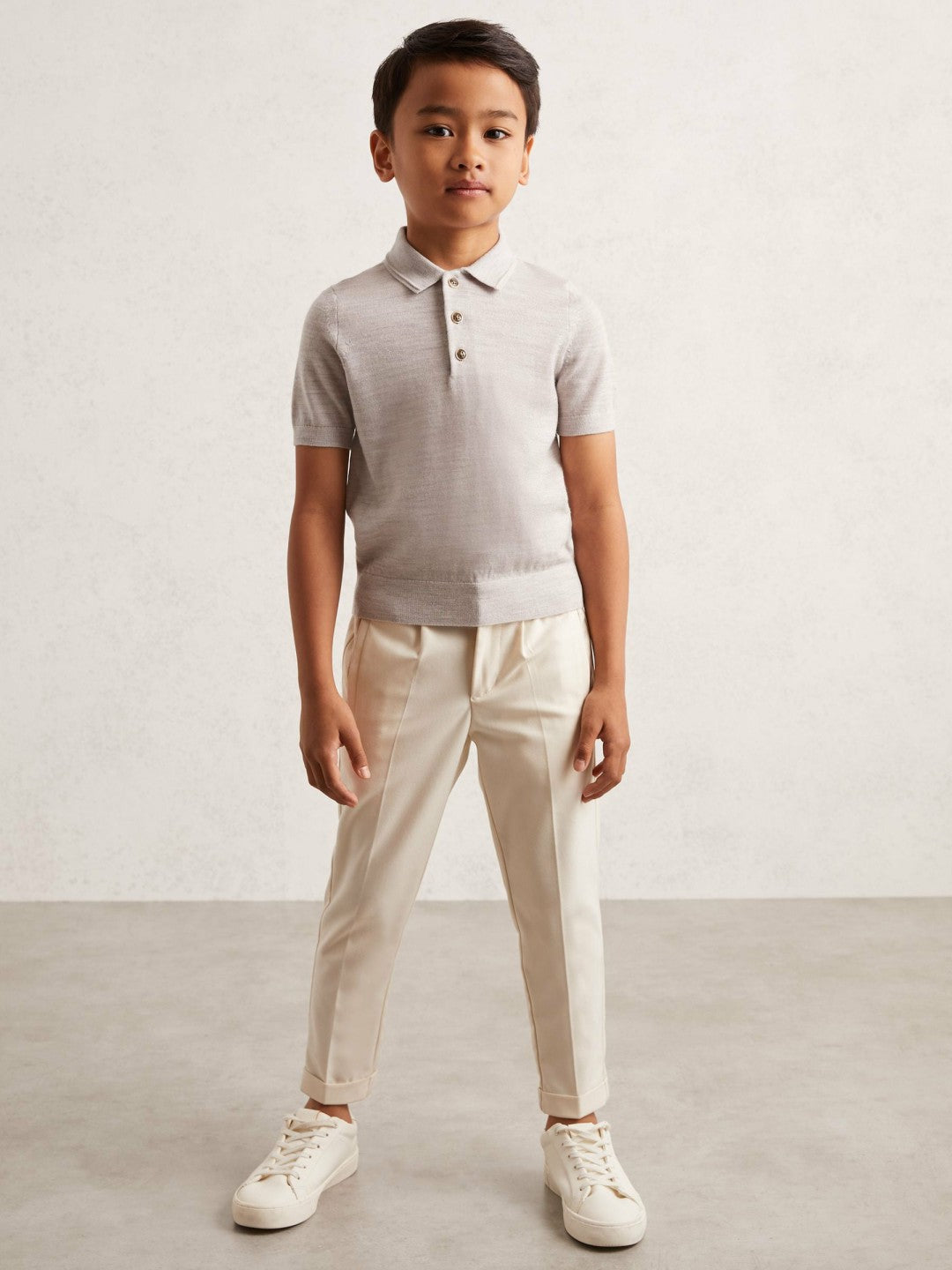 9-13 yrs Merino Wool Short Sleeve Polo Shirt in Wicker Melange | Reiss USA