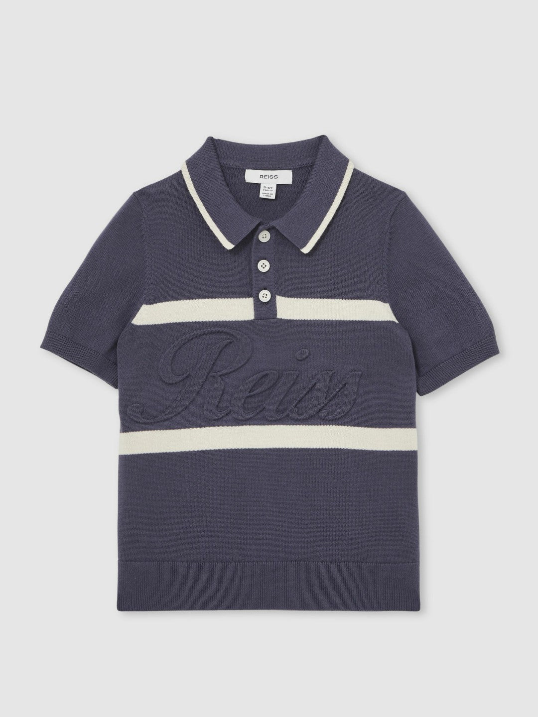 13-14 yrs Cotton Logo-Embossed Knit Polo Shirt in Indigo Blue/White | Reiss USA