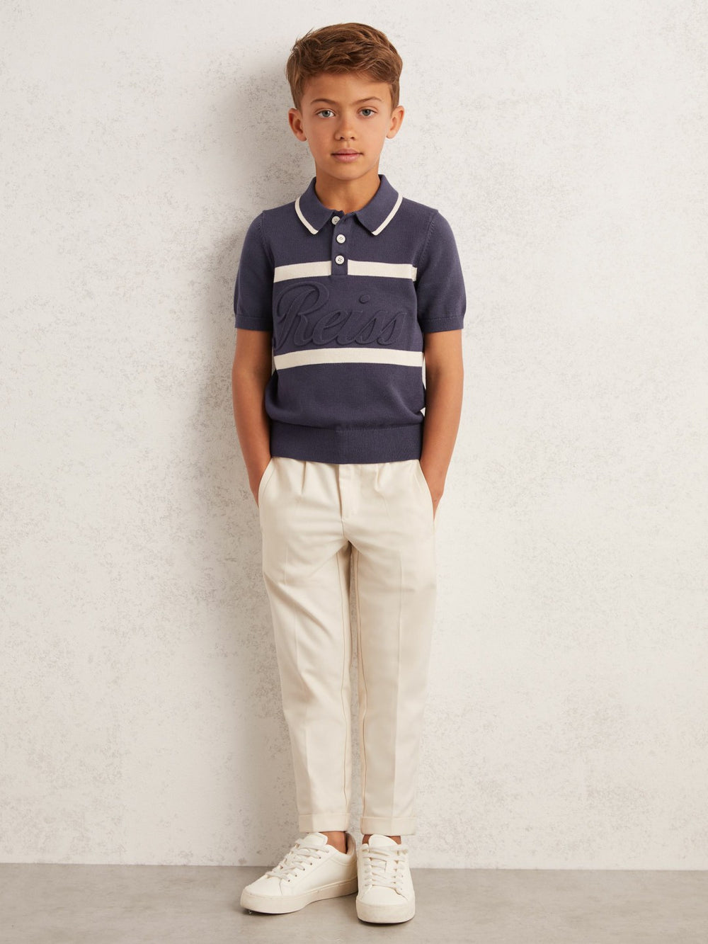 13-14 yrs Cotton Logo-Embossed Knit Polo Shirt in Indigo Blue/White | Reiss USA