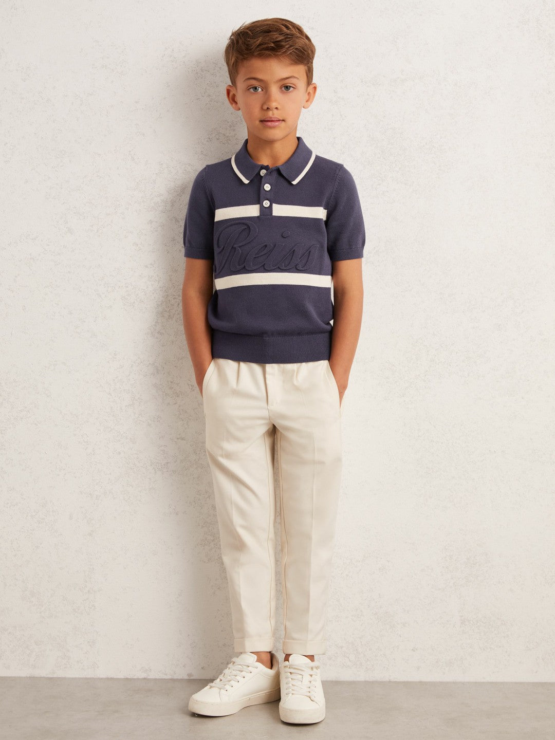 3-9 yrs Cotton Logo-Embossed Knit Polo Shirt in Indigo Blue/White | Reiss For Sale