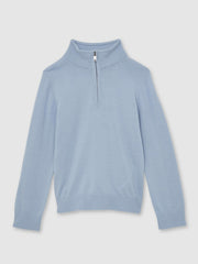 13-14 yrs Merino Wool Half-Zip Funnel Neck Jumper in Soft Blue Melange | Reiss