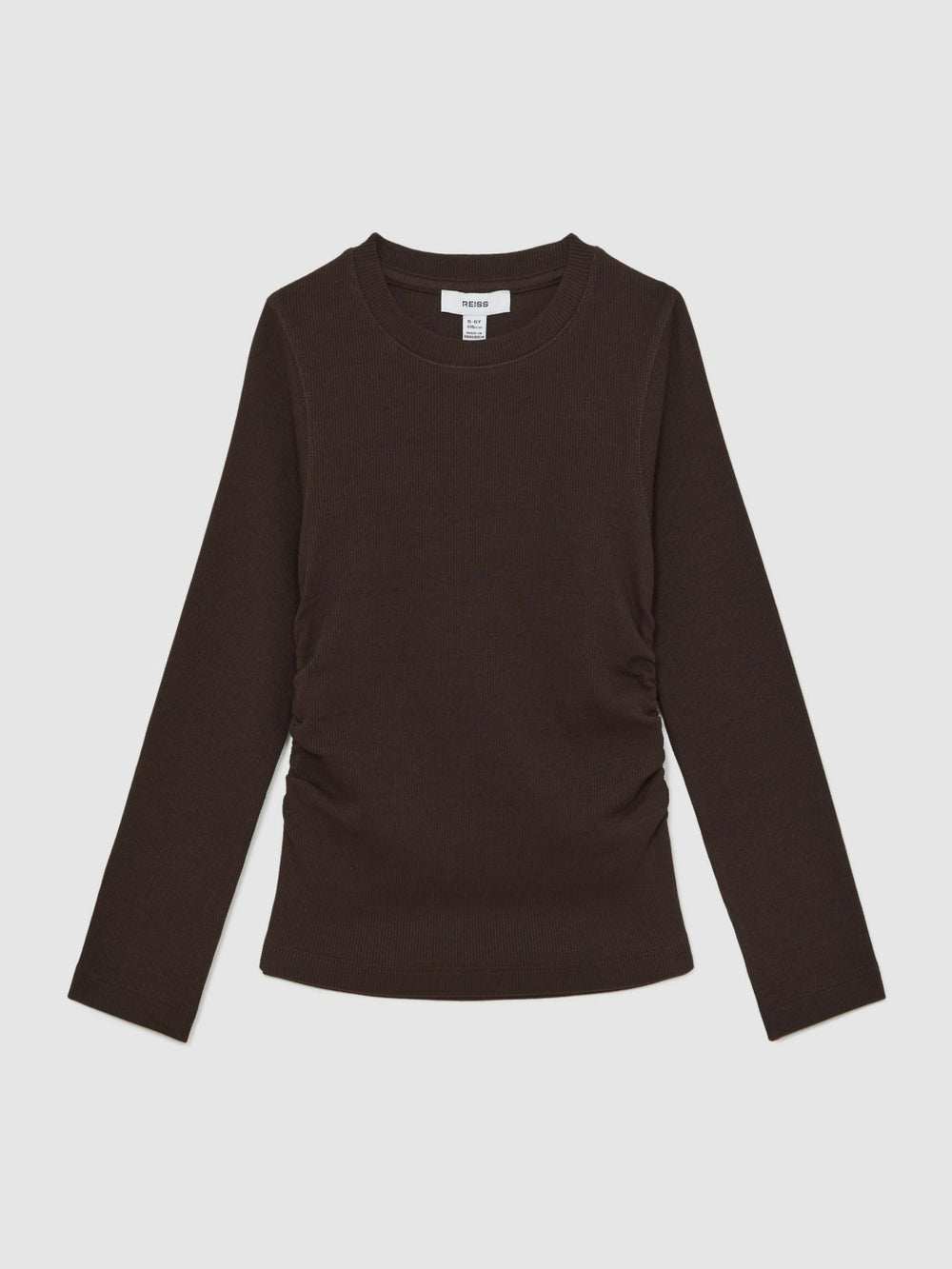 13-14 yrs Cotton Ruched Long-Sleeve T-Shirt with Stretch in Chocolate | Reiss