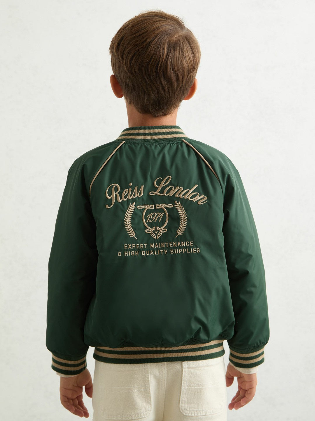 13-14 yrs Motor Cars Embroidered Bomber Jacket in Forest Green/Off White | Reiss USA