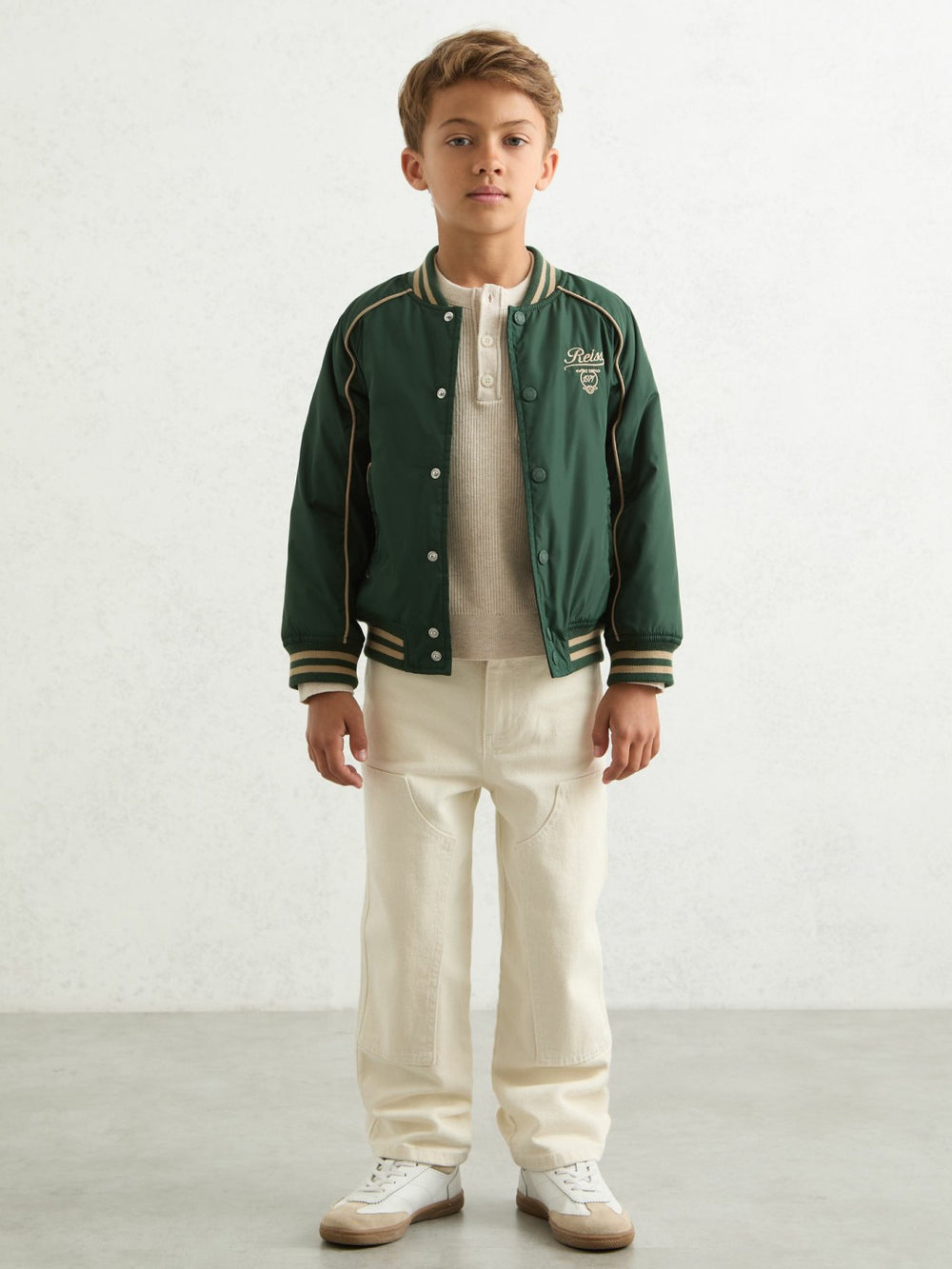 13-14 yrs Motor Cars Embroidered Bomber Jacket in Forest Green/Off White | Reiss USA