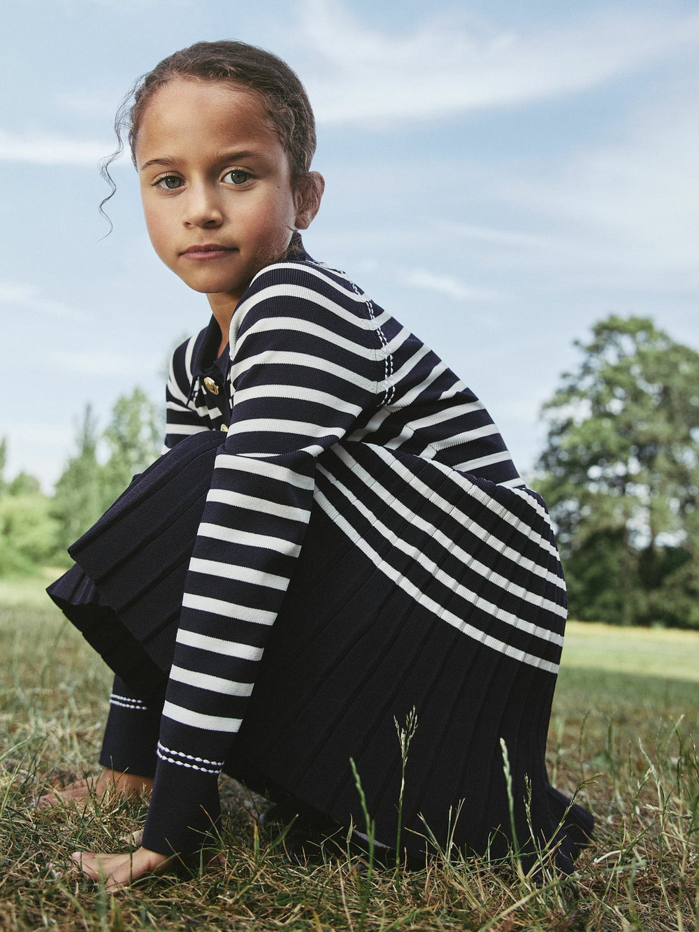 3-9 yrs Button-Detail Stripe Knitted Dress in Navy/White | Reiss For Sale