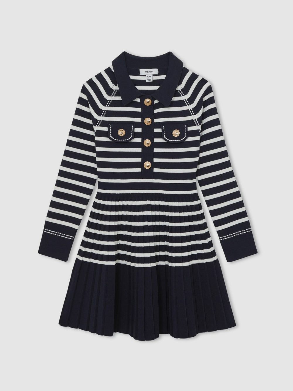 3-9 yrs Button-Detail Stripe Knitted Dress in Navy/White | Reiss For Sale