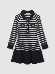 3-9 yrs Button-Detail Stripe Knitted Dress in Navy/White | Reiss For Sale