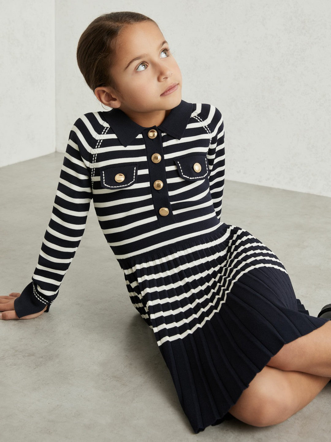 3-9 yrs Button-Detail Stripe Knitted Dress in Navy/White | Reiss For Sale