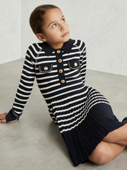 3-9 yrs Button-Detail Stripe Knitted Dress in Navy/White | Reiss For Sale