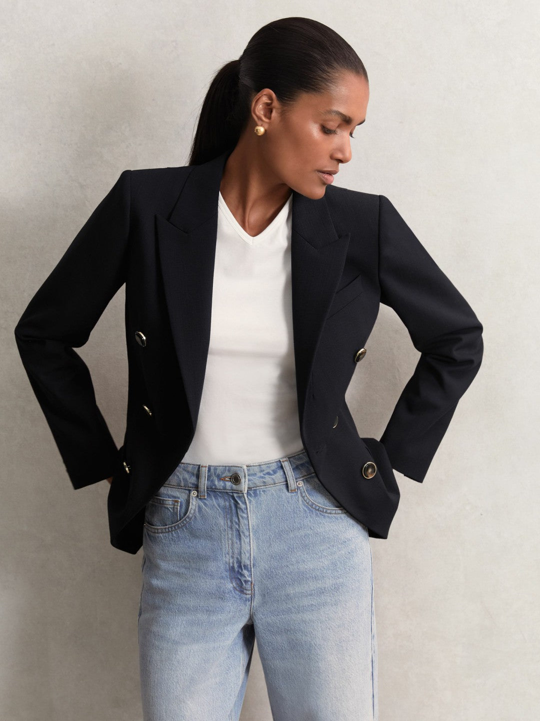 Petite Wool-Blend Double-Breasted Blazer in Navy | Reiss Sale