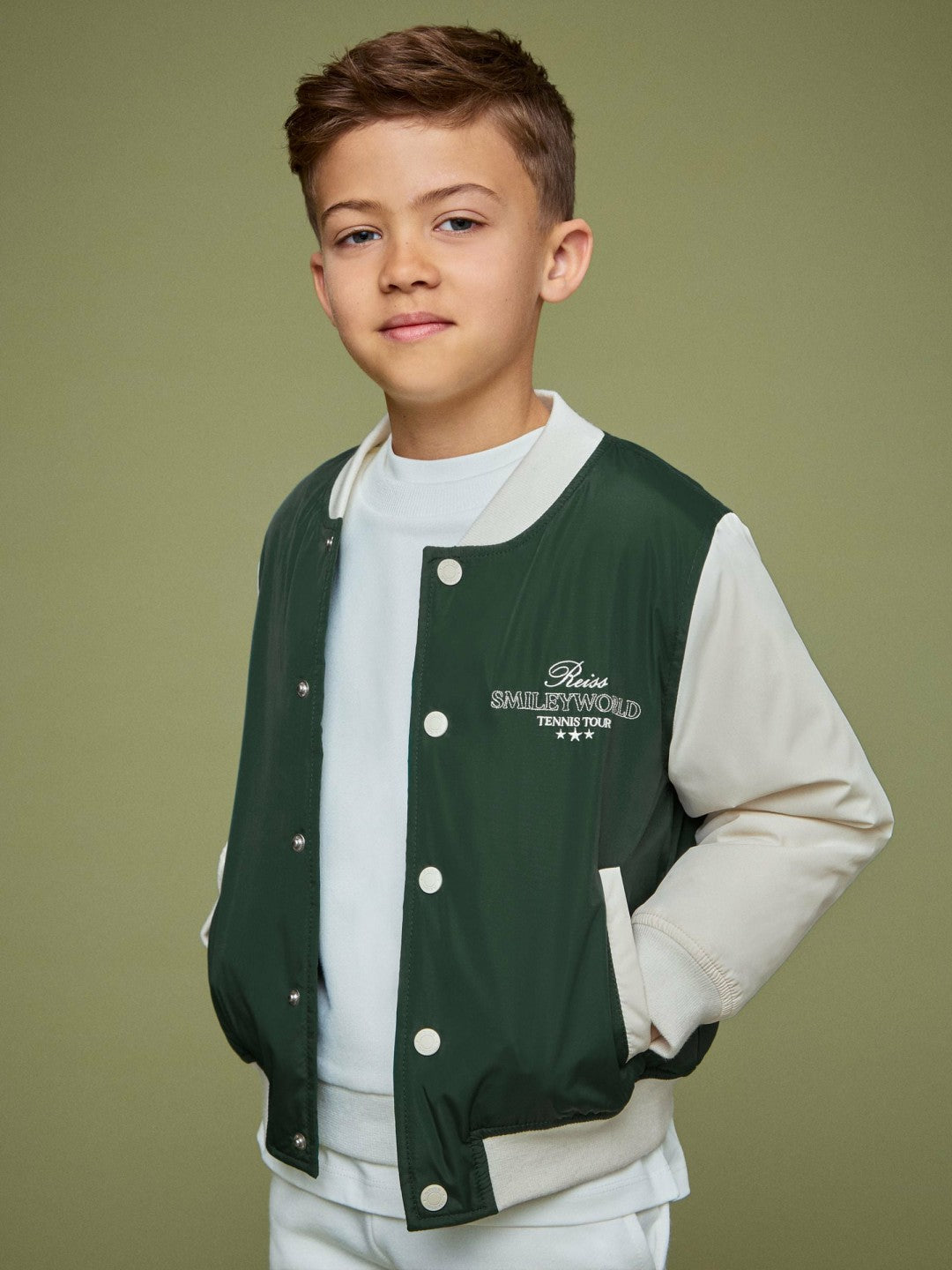 9-13 yrs SmileyWorld Bomber Jacket in Dark Green | Reiss US