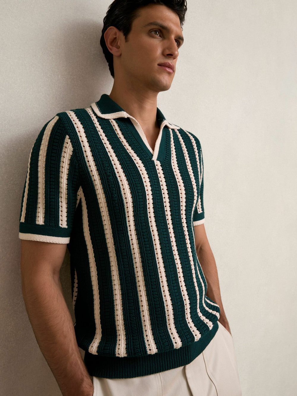 Cotton Blend Stripe Knit Polo Shirt in Dark Teal Green/Ecru | Reiss Discount