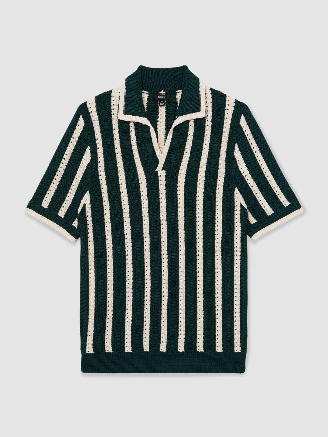 Cotton Blend Stripe Knit Polo Shirt in Dark Teal Green/Ecru | Reiss Discount