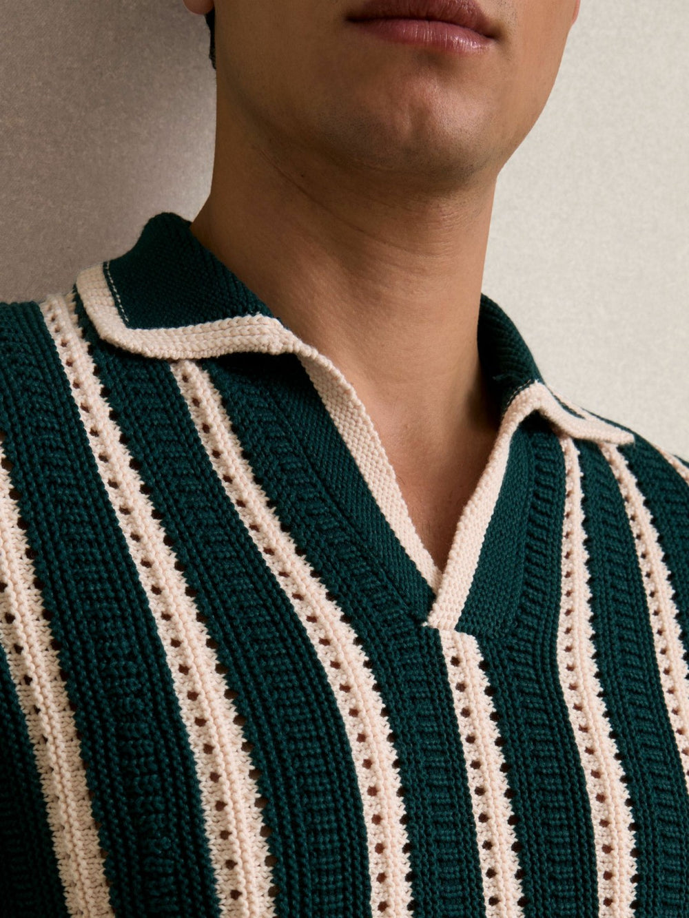 Cotton Blend Stripe Knit Polo Shirt in Dark Teal Green/Ecru | Reiss Discount