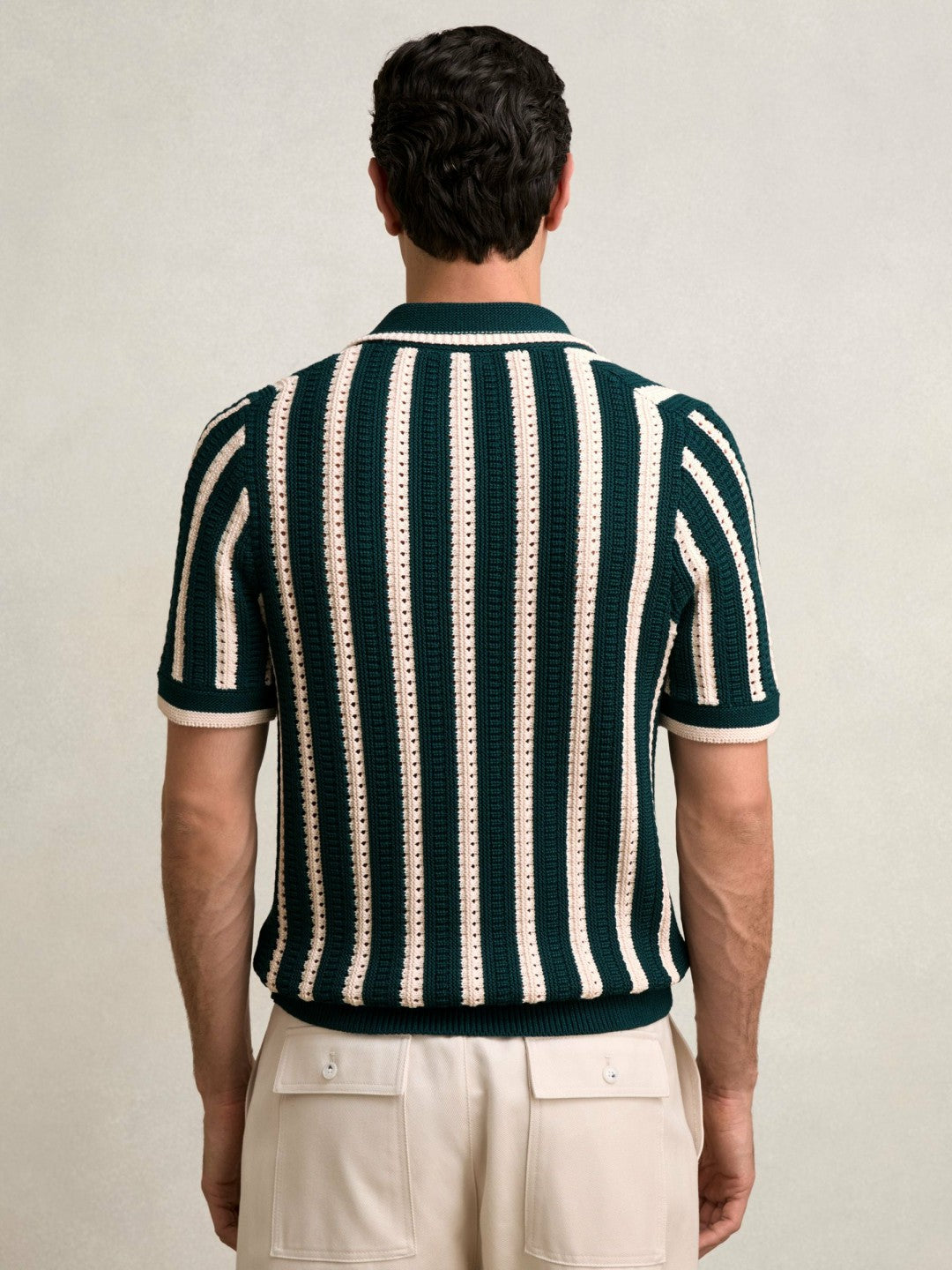 Cotton Blend Stripe Knit Polo Shirt in Dark Teal Green/Ecru | Reiss Discount