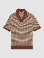 Cotton Textured Knit Stripe Polo Shirt in Tobacco Brown/ Off White | Reiss Near Me