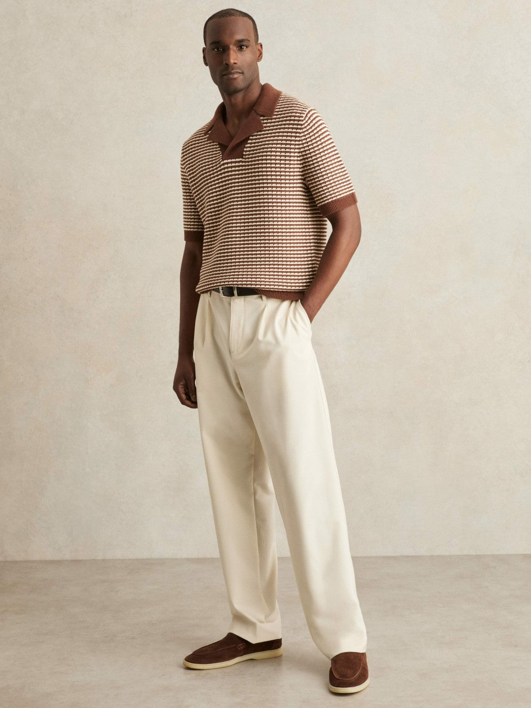 Cotton Textured Knit Stripe Polo Shirt in Tobacco Brown/ Off White | Reiss Near Me