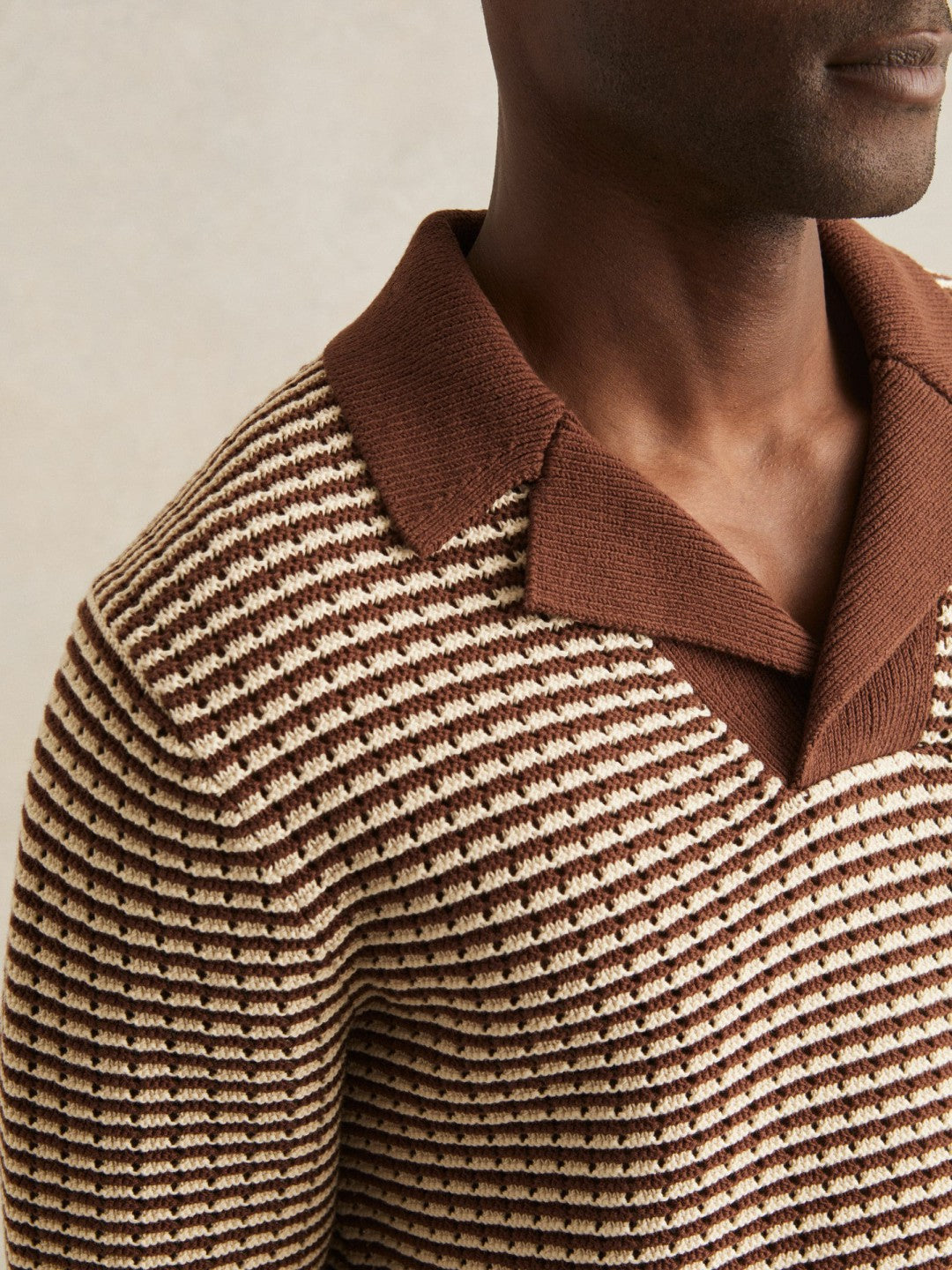 Cotton Textured Knit Stripe Polo Shirt in Tobacco Brown/ Off White | Reiss Near Me