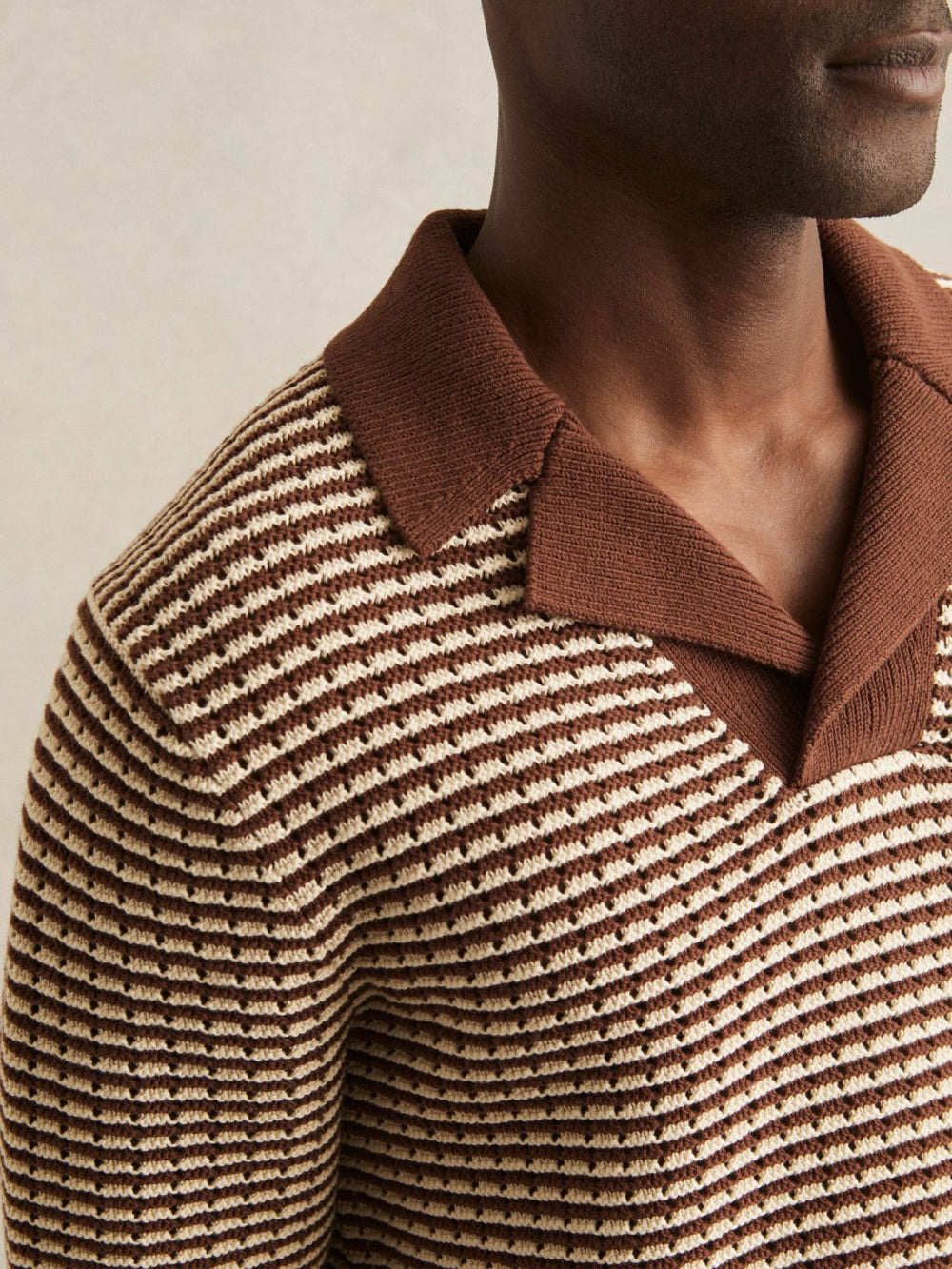 Cotton Textured Knit Stripe Polo Shirt in Tobacco Brown/ Off White | Reiss Near Me