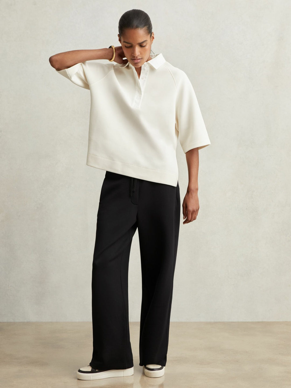 Petite Wide-Leg Interlock Drawstring Joggers in Black | Reiss Sale