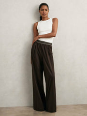 Petite Wide-Leg Contrast-Waistband Trousers in Chocolate Brown | Reiss US