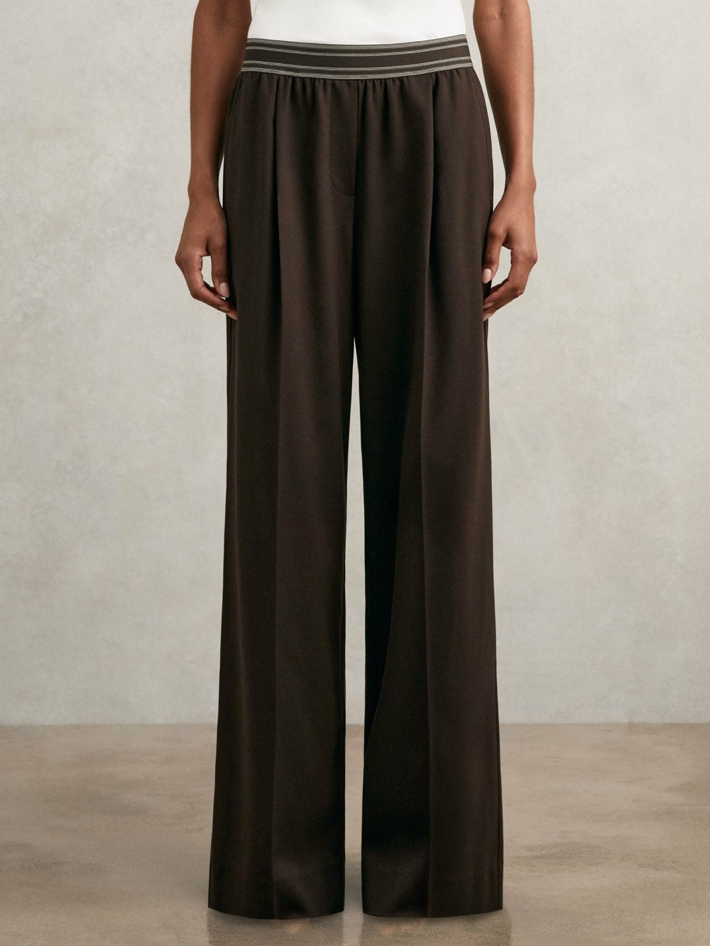 Wide-Leg Contrast-Waistband Trousers in Chocolate Brown | Reiss Sale