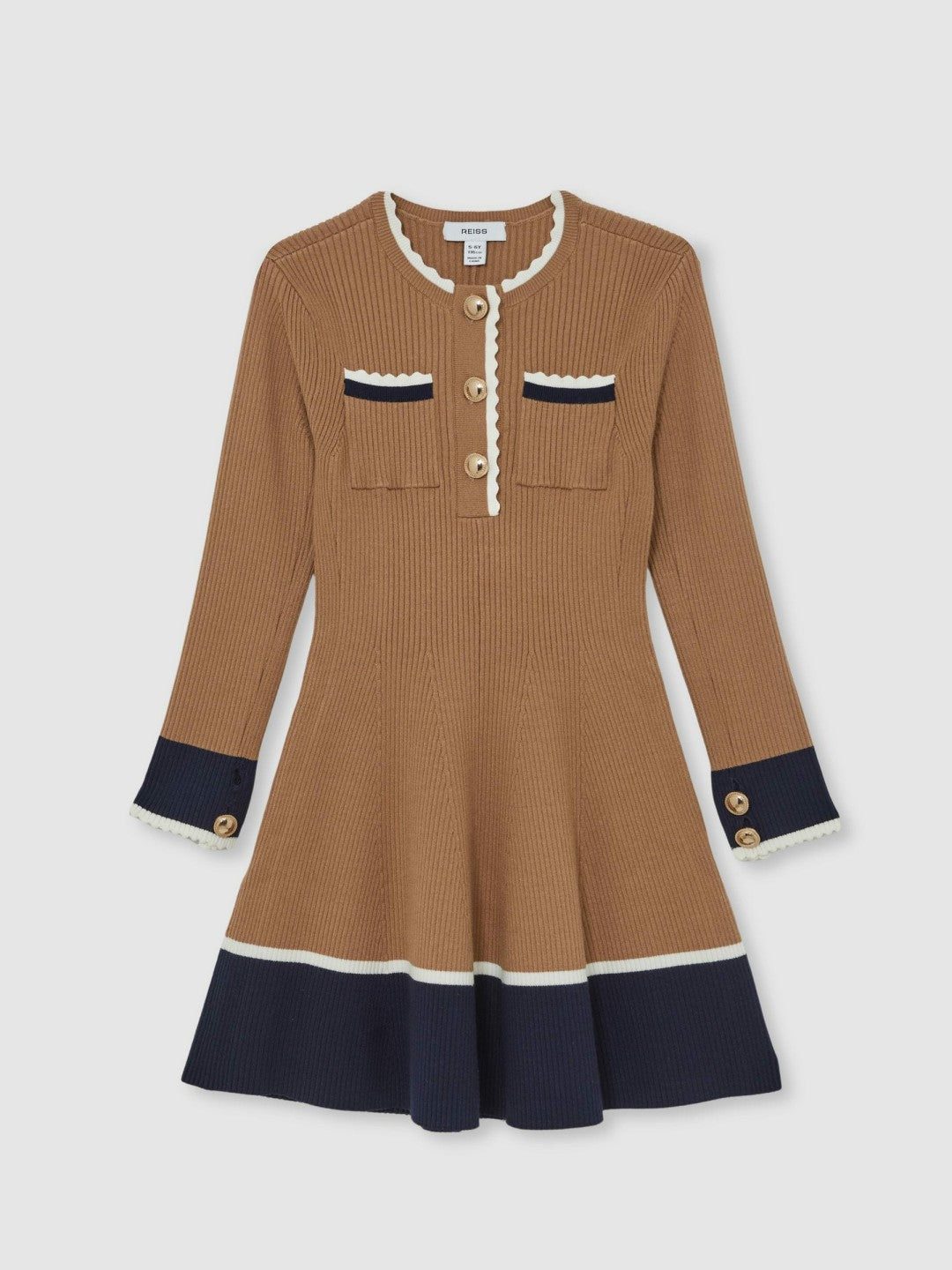 13-14 yrs Scallop-Trim Rib-Knit Dress in Camel | Reiss