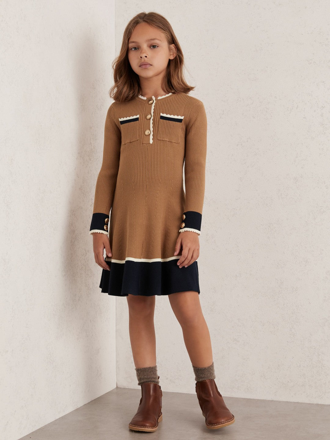 13-14 yrs Scallop-Trim Rib-Knit Dress in Camel | Reiss