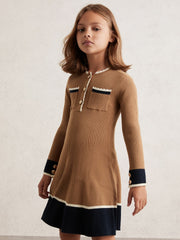 13-14 yrs Scallop-Trim Rib-Knit Dress in Camel | Reiss