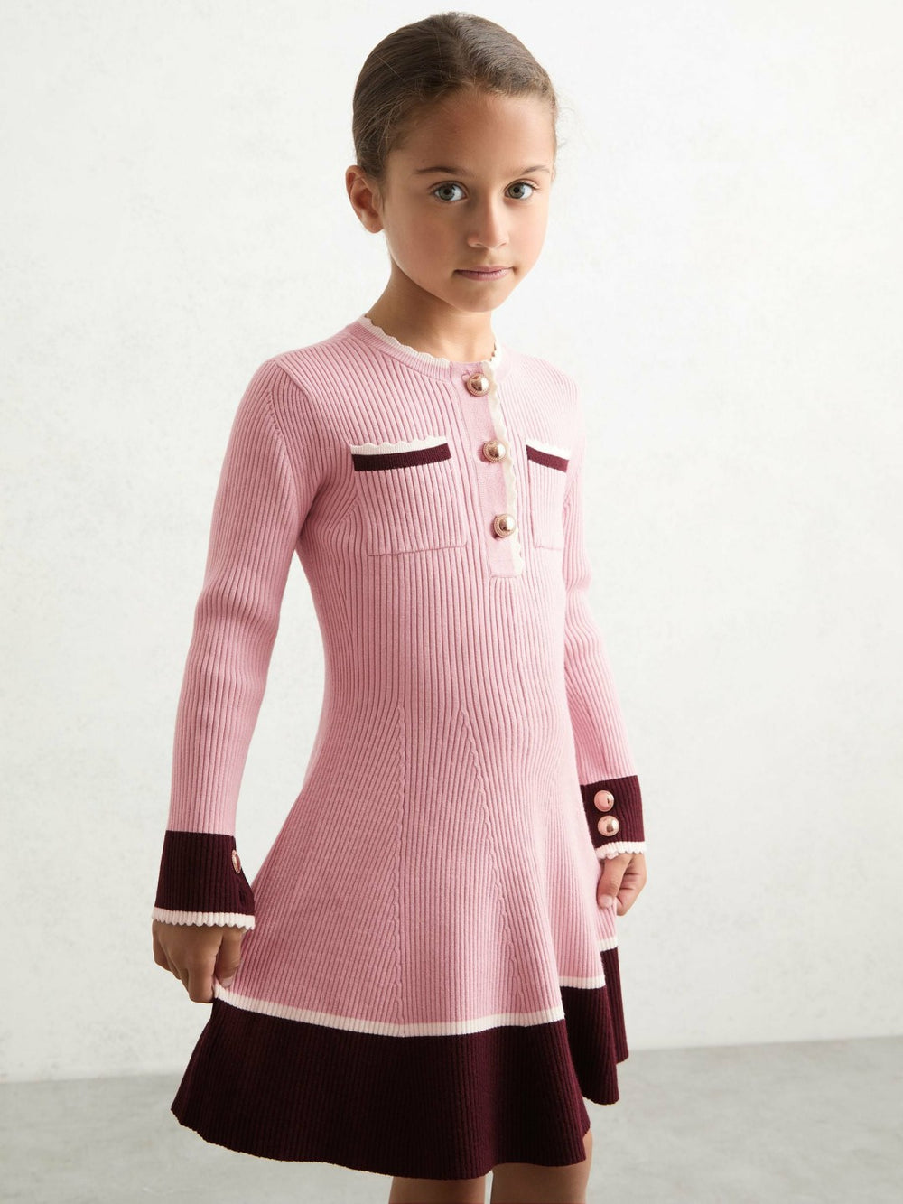 13-14 yrs Scallop-Trim Rib-Knit Dress in Pink | Reiss Discount