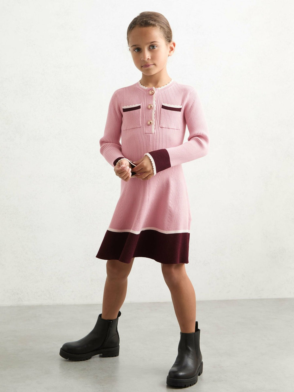 13-14 yrs Scallop-Trim Rib-Knit Dress in Pink | Reiss Discount